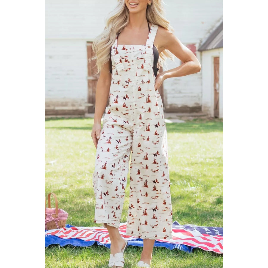 Western Printed Button Adjustable Straps Loose Jumpsuit Apparel and Accessories