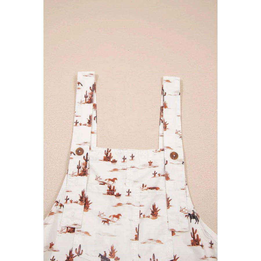 Western Printed Button Adjustable Straps Loose Jumpsuit Apparel and Accessories