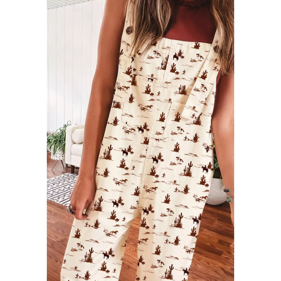 Western Printed Button Adjustable Straps Loose Jumpsuit Apparel and Accessories