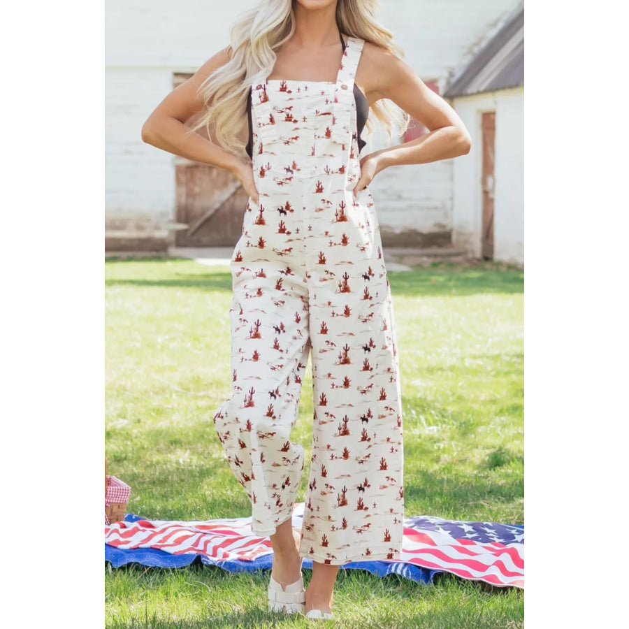 Western Printed Button Adjustable Straps Loose Jumpsuit Apparel and Accessories