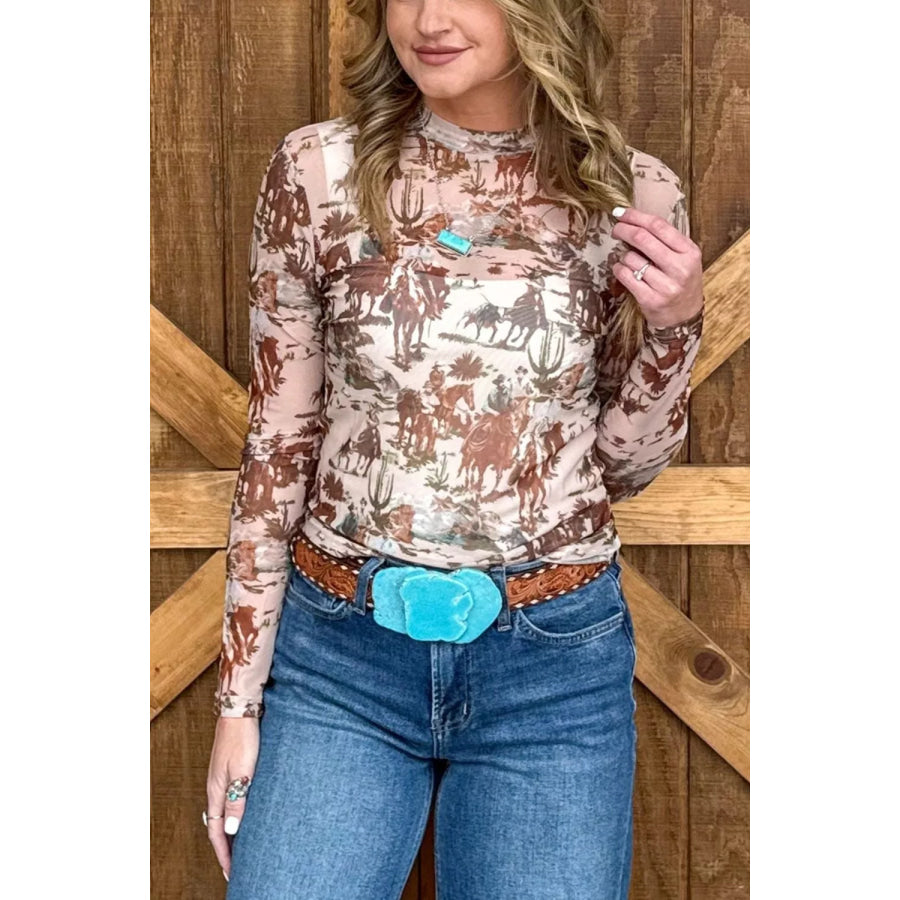 Western Scene Mesh Long Sleeve Top Apparel and Accessories