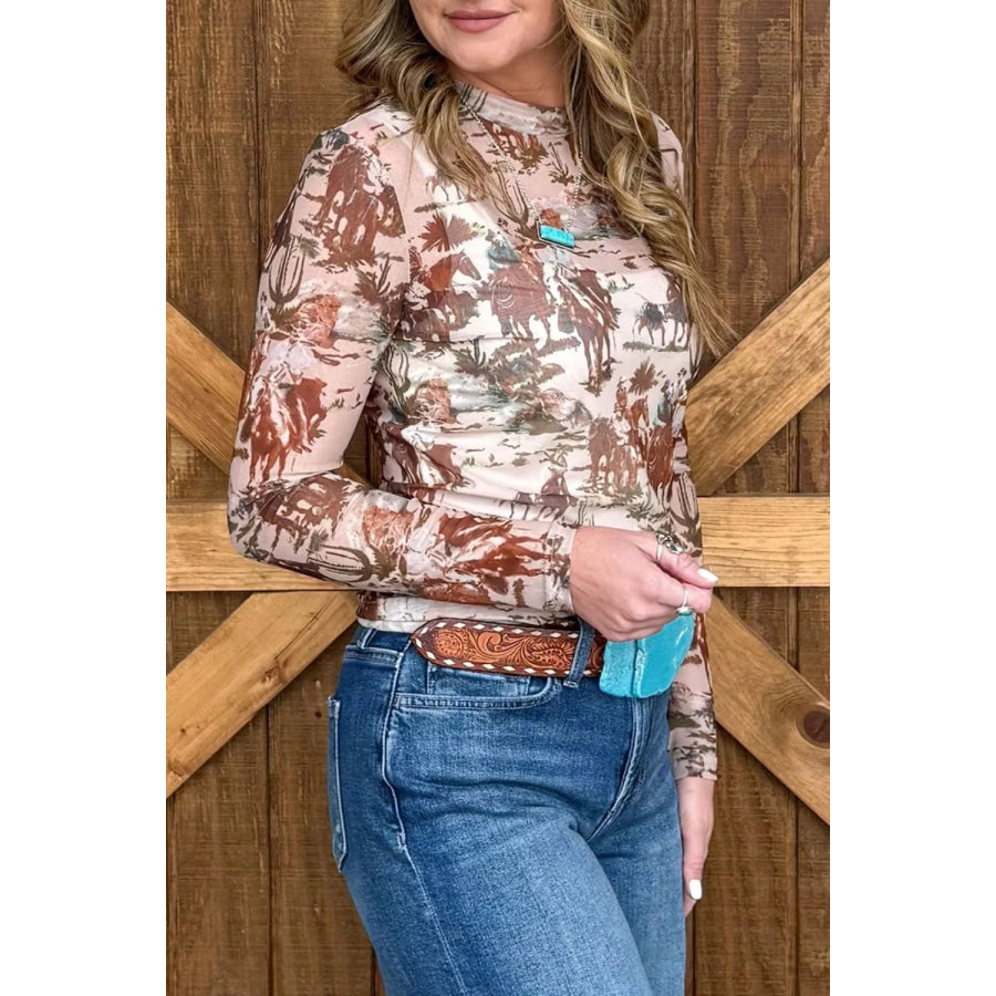 Western Scene Mesh Long Sleeve Top Apparel and Accessories