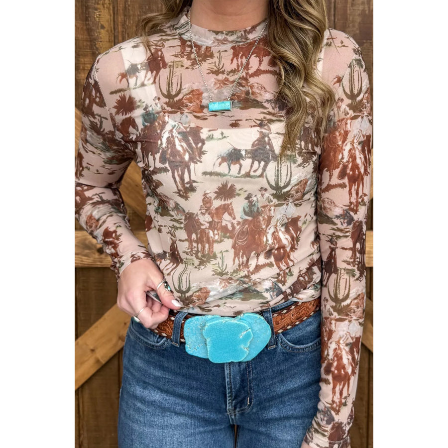 Western Scene Mesh Long Sleeve Top Apparel and Accessories