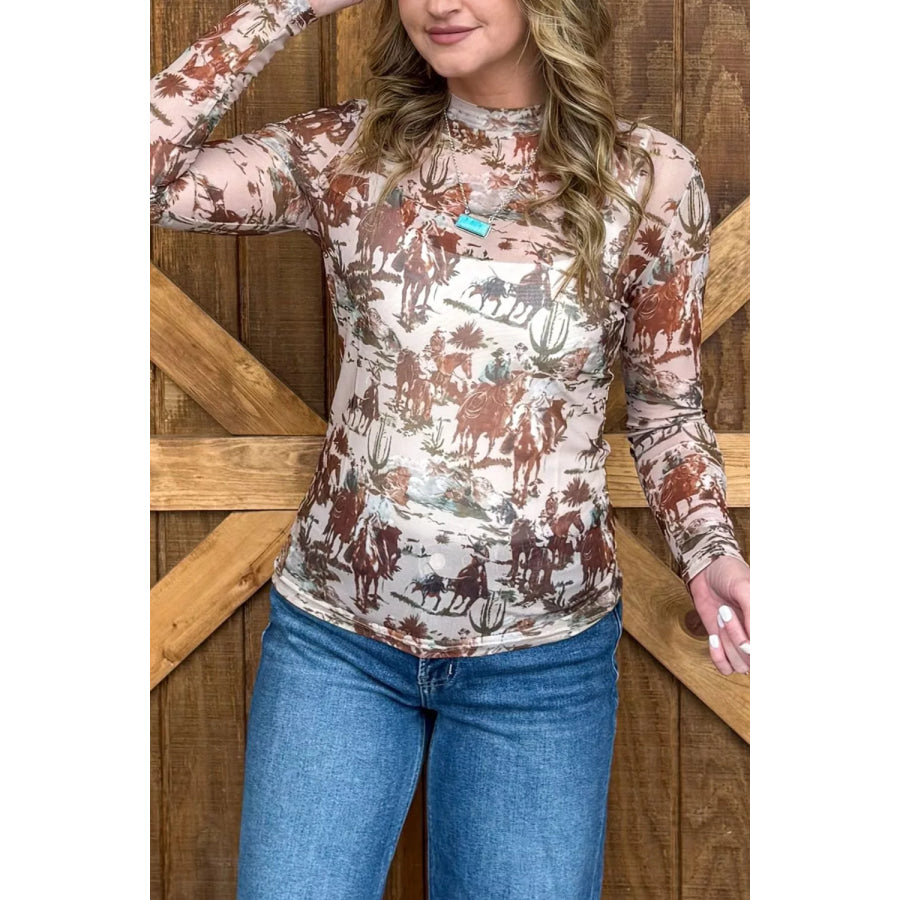 Western Scene Mesh Long Sleeve Top Apparel and Accessories