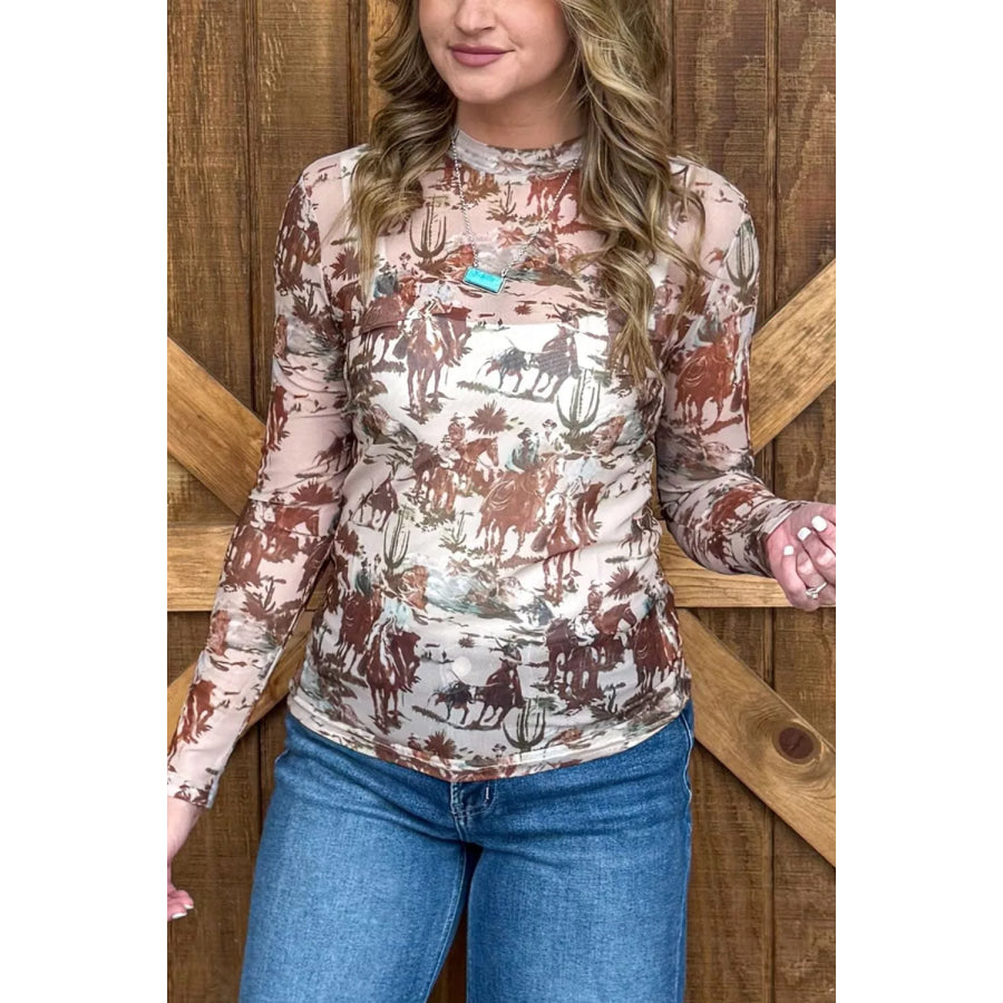Western Scene Mesh Long Sleeve Top Khaki / S Apparel and Accessories