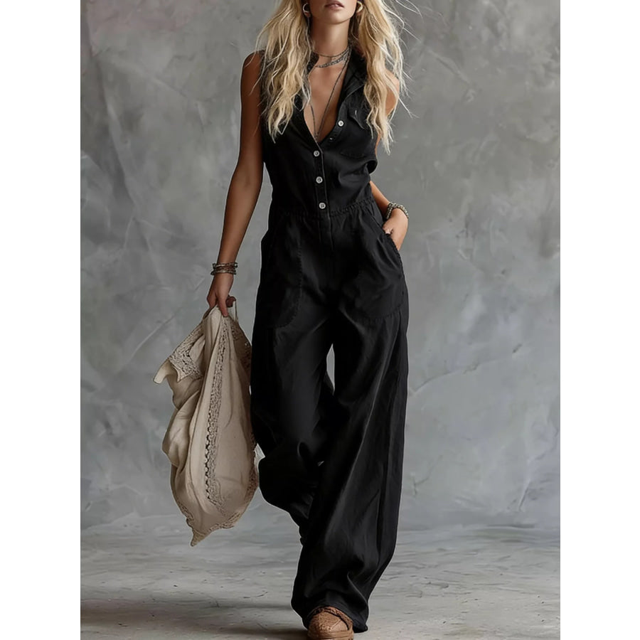 Western Sleeveless Wide-Leg Button-Down Jumpsuit Black / S Apparel and Accessories