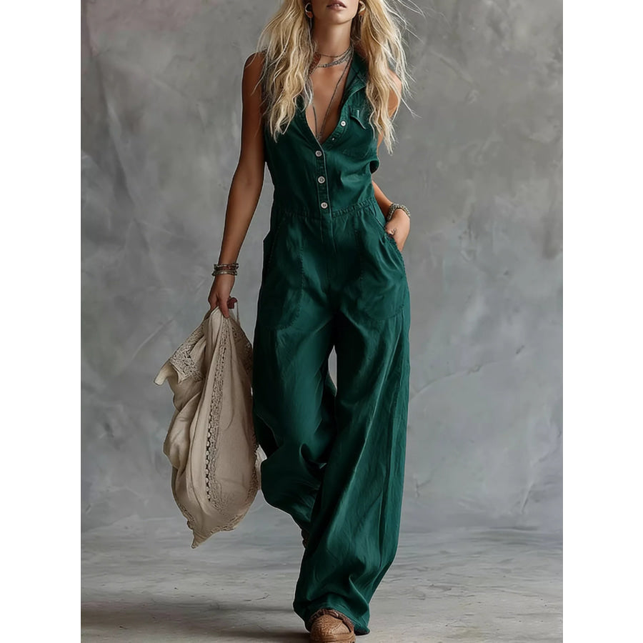 Western Sleeveless Wide-Leg Button-Down Jumpsuit Dark Green / S Apparel and Accessories