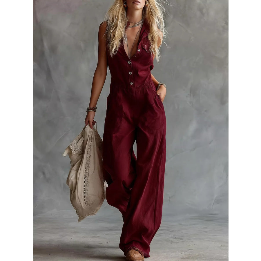 Western Sleeveless Wide-Leg Button-Down Jumpsuit Deep Red / S Apparel and Accessories