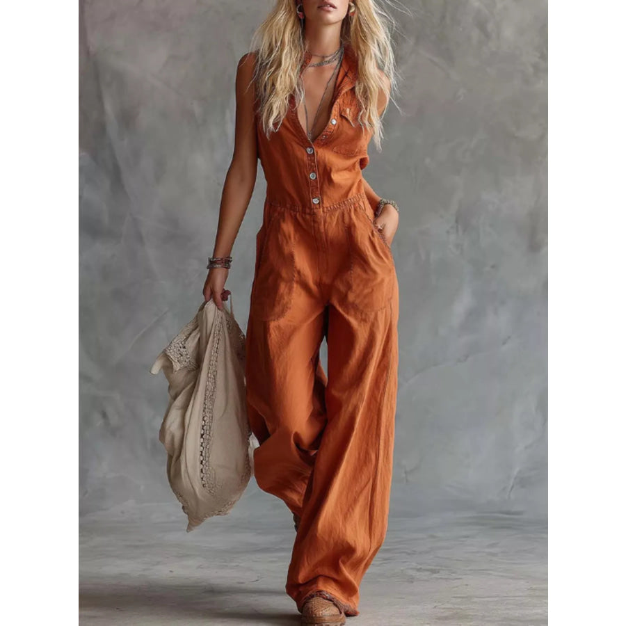 Western Sleeveless Wide-Leg Button-Down Jumpsuit Orange Red / S Apparel and Accessories