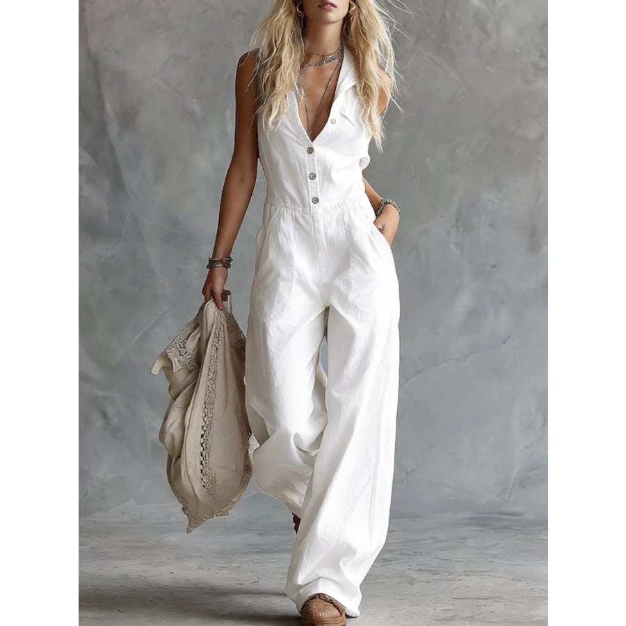 Western Sleeveless Wide-Leg Button-Down Jumpsuit White / S Apparel and Accessories