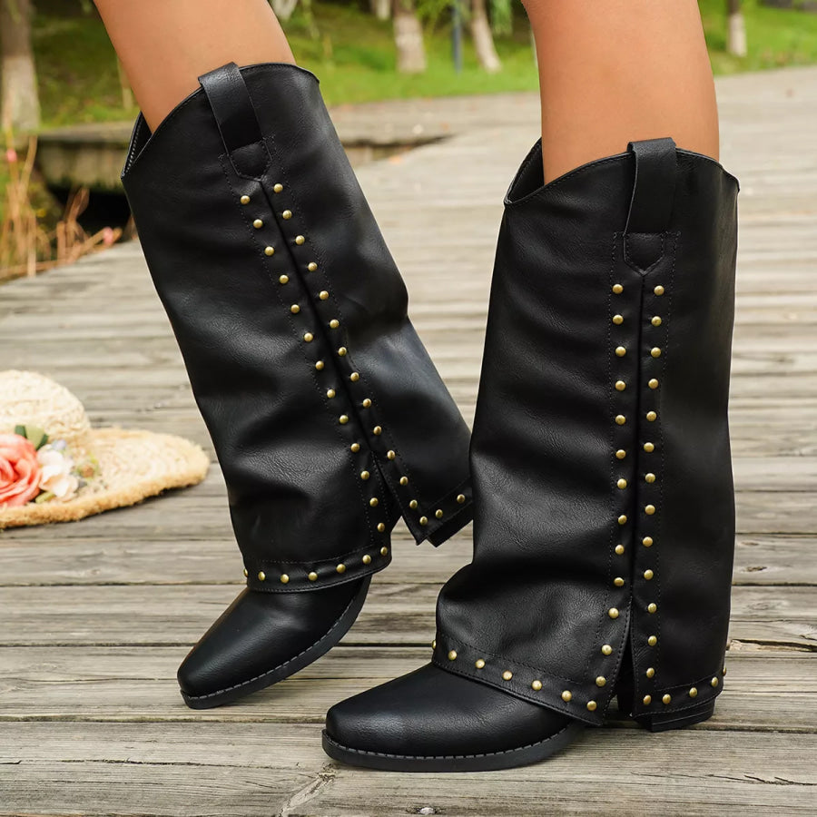 Western Studded Mid-Calf Boots Black / 36 Apparel and Accessories