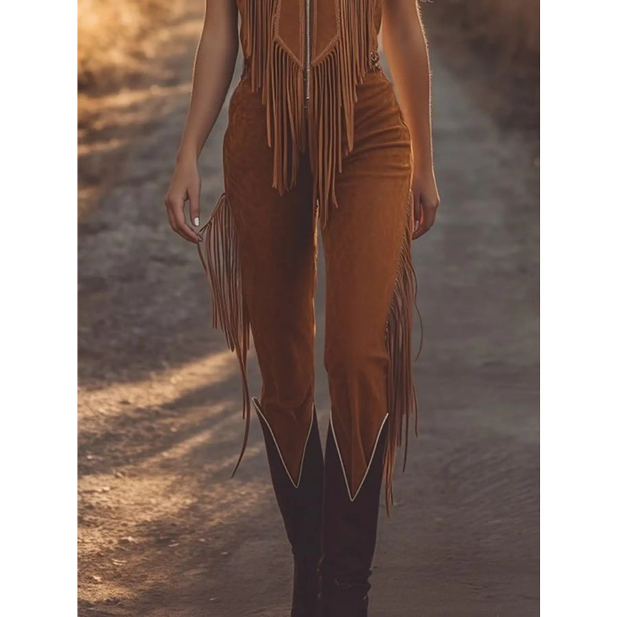 Western Style Fringe Zip Front Jumpsuit Apparel and Accessories