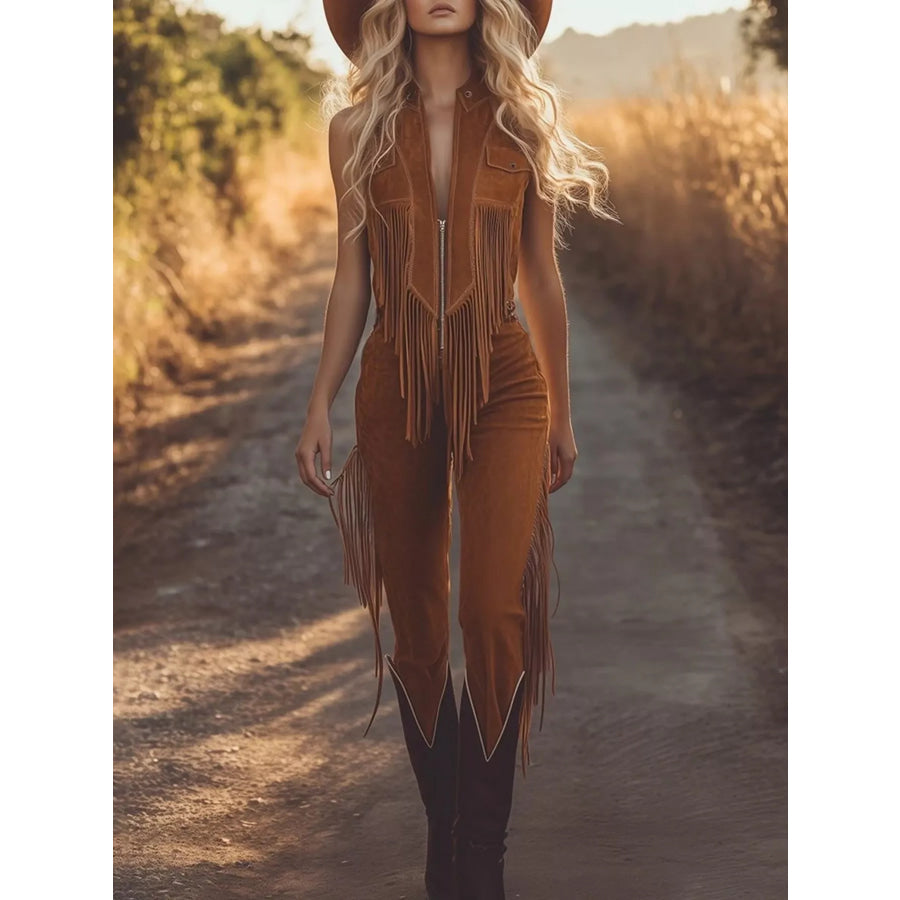 Western Style Fringe Zip Front Jumpsuit Light Brown / S Apparel and Accessories