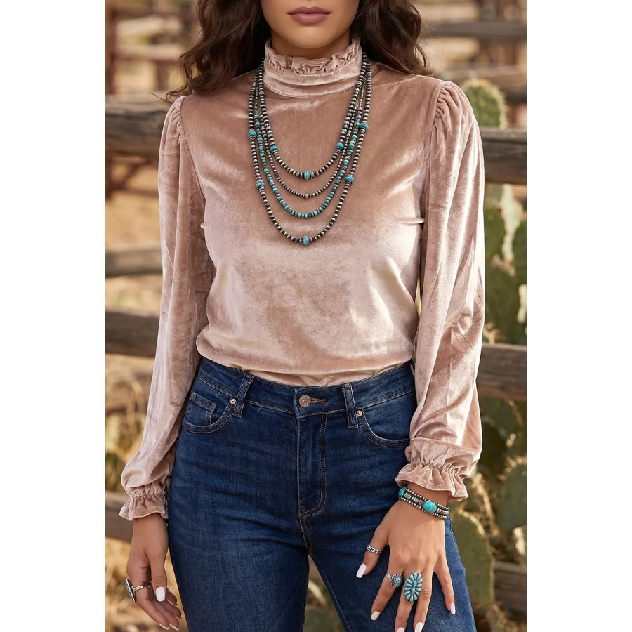 Western Style Long Sleeve Stand Neck Velvet Top Dust Storm / S Apparel and Accessories