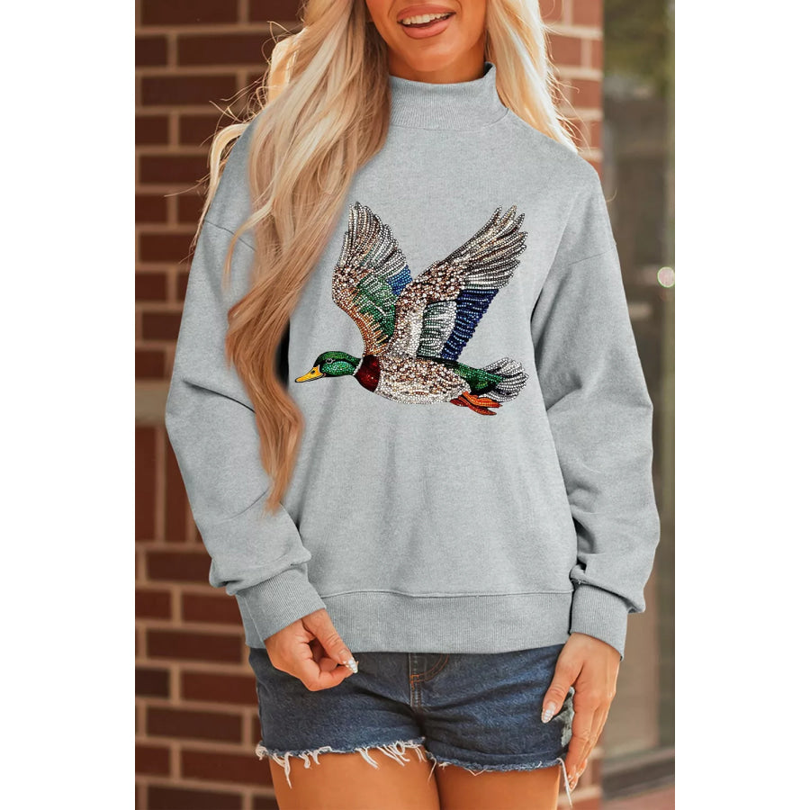 Western Style Mallard Duck Printed Graphic Baggy Mock Neck Sweatshirt Apparel and Accessories