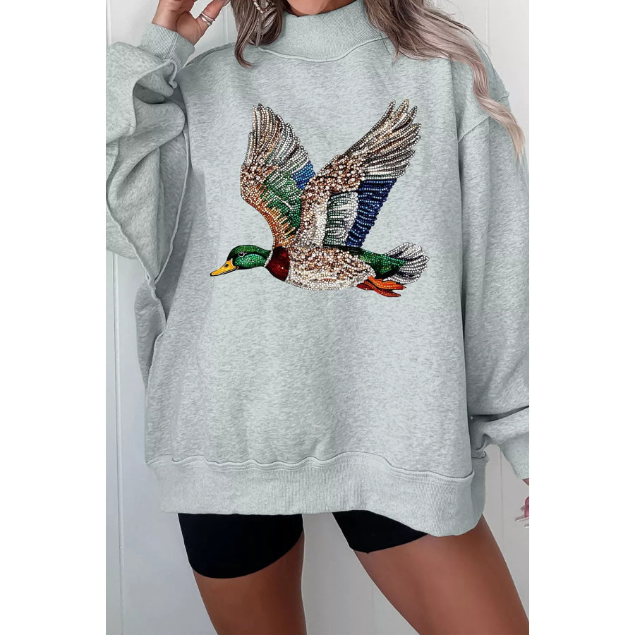 Western Style Mallard Duck Printed Graphic Baggy Mock Neck Sweatshirt Apparel and Accessories