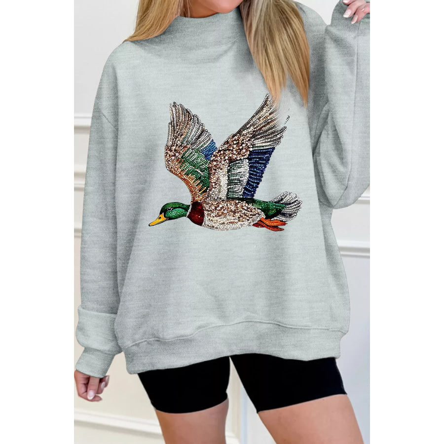 Western Style Mallard Duck Printed Graphic Baggy Mock Neck Sweatshirt Gray / S Apparel and Accessories