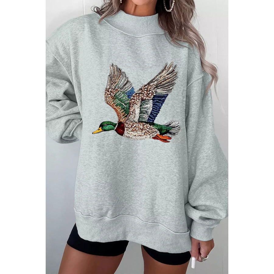 Western Style Mallard Duck Printed Graphic Baggy Mock Neck Sweatshirt Gray / S Apparel and Accessories