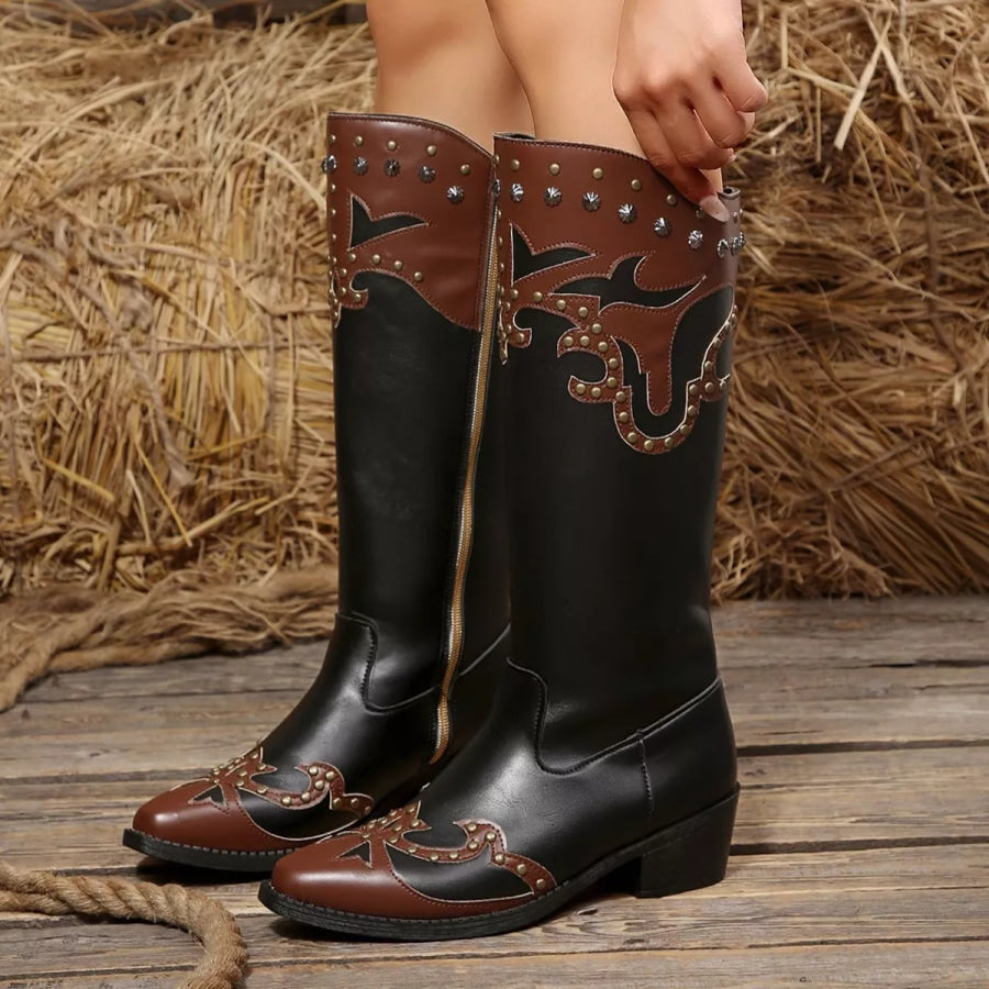 Western-Style Studded Two-Tone Mid-Calf Cowboy Boots Apparel and Accessories