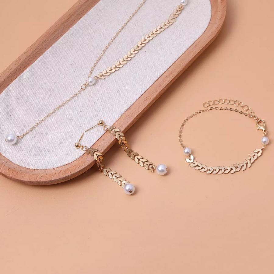 Wheat‑Spike Faux Pearl Necklace Bracelet Earrings 3‑Pcs Jewelry Set Gold / onesize Apparel and Accessories