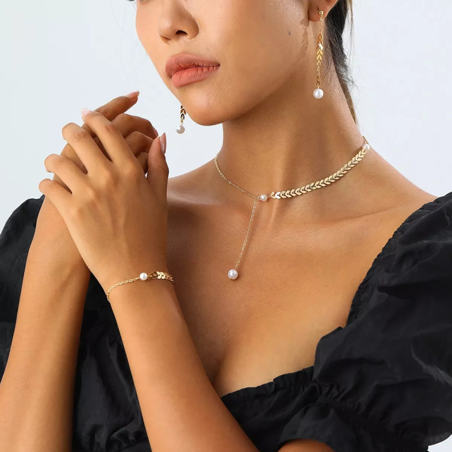 Wheat‑Spike Faux Pearl Necklace Bracelet Earrings 3‑Pcs Jewelry Set Gold / onesize Apparel and Accessories