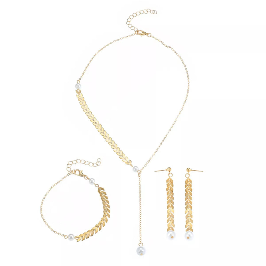 Wheat‑Spike Faux Pearl Necklace Bracelet Earrings 3‑Pcs Jewelry Set Gold / onesize Apparel and Accessories