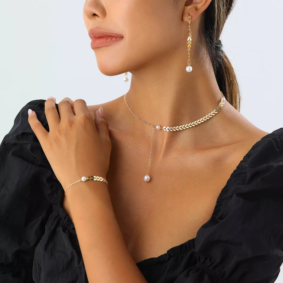 Wheat‑Spike Faux Pearl Necklace Bracelet Earrings 3‑Pcs Jewelry Set Gold / onesize Apparel and Accessories