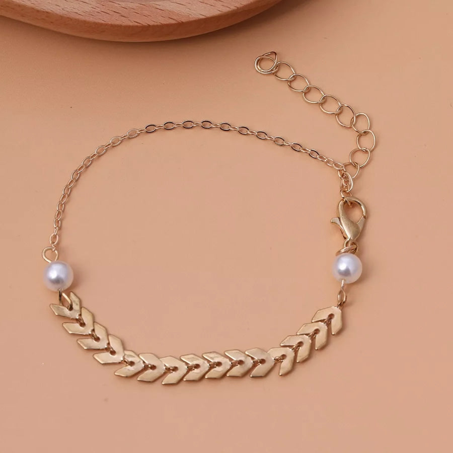 Wheat‑Spike Faux Pearl Necklace Bracelet Earrings 3‑Pcs Jewelry Set Gold / onesize Apparel and Accessories