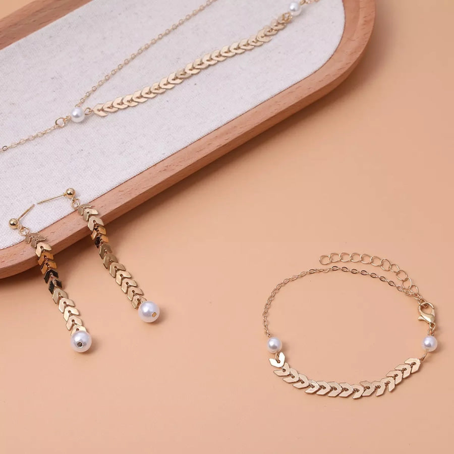 Wheat‑Spike Faux Pearl Necklace Bracelet Earrings 3‑Pcs Jewelry Set Gold / onesize Apparel and Accessories