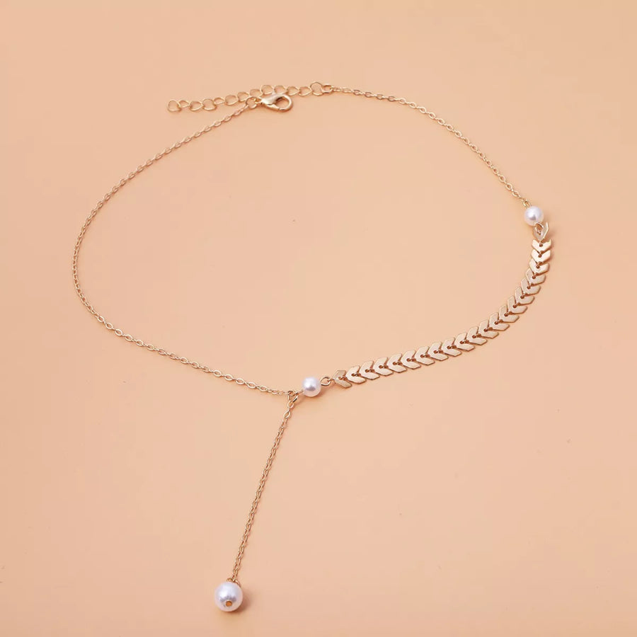 Wheat‑Spike Faux Pearl Necklace Bracelet Earrings 3‑Pcs Jewelry Set Gold / onesize Apparel and Accessories
