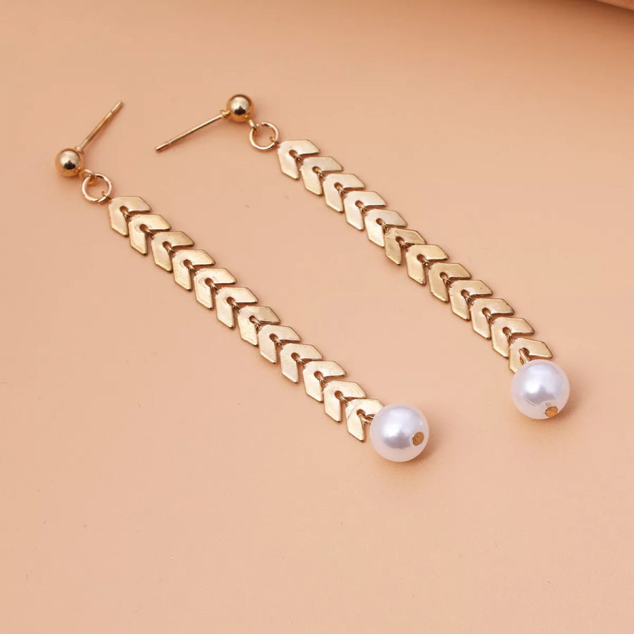 Wheat‑Spike Faux Pearl Necklace Bracelet Earrings 3‑Pcs Jewelry Set Gold / onesize Apparel and Accessories