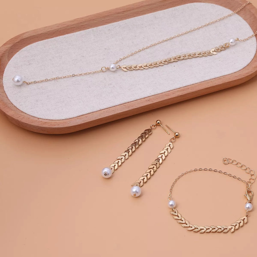 Wheat‑Spike Faux Pearl Necklace Bracelet Earrings 3‑Pcs Jewelry Set Gold / onesize Apparel and Accessories