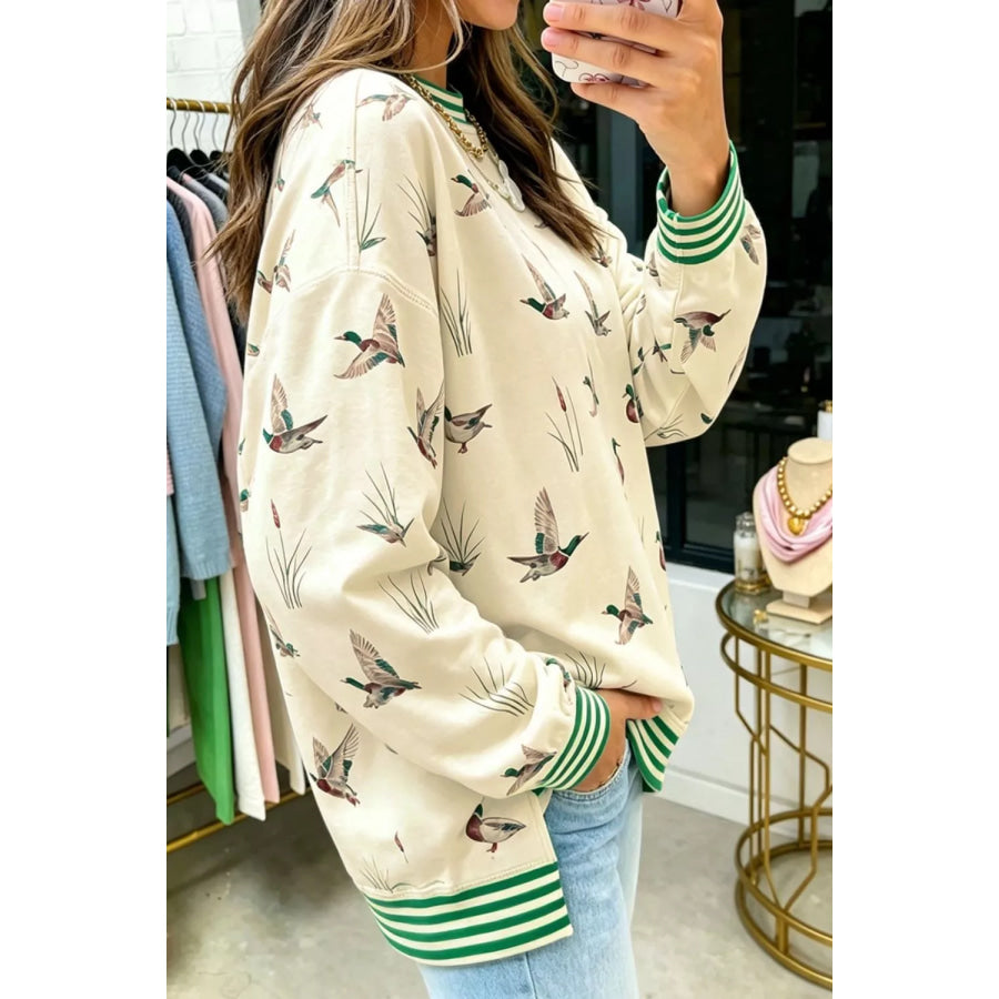 Whimsical Duck Print Sweatshirt with Striped Trim Beige / S Apparel and Accessories