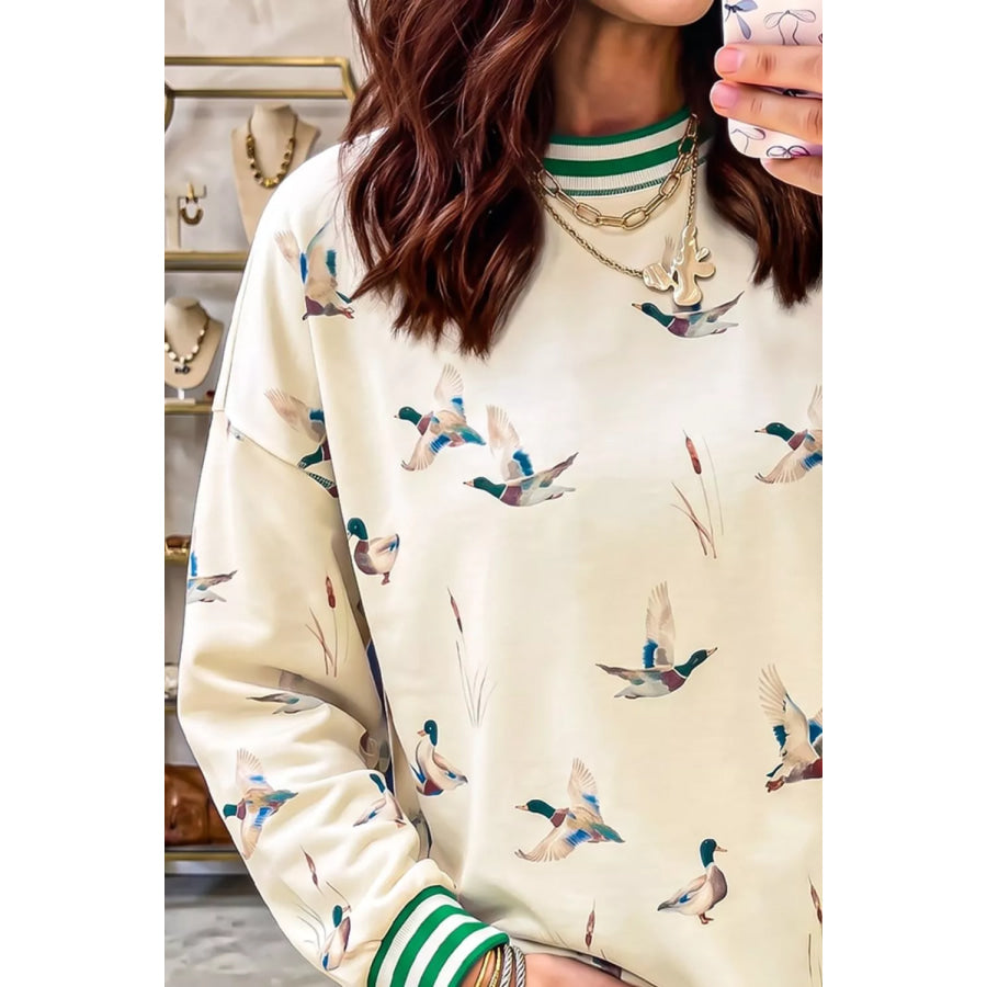 Whimsical Duck Print Sweatshirt with Striped Trim Apparel and Accessories