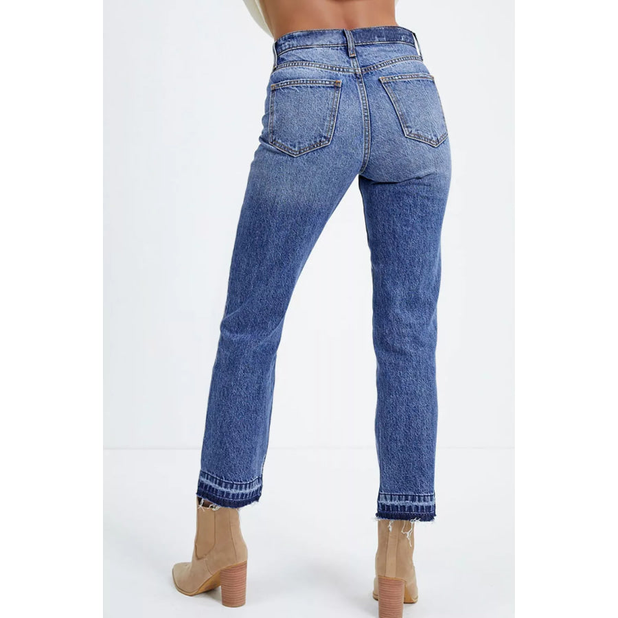 Whiskered Wash Raw Hem Cropped Jeans Apparel and Accessories