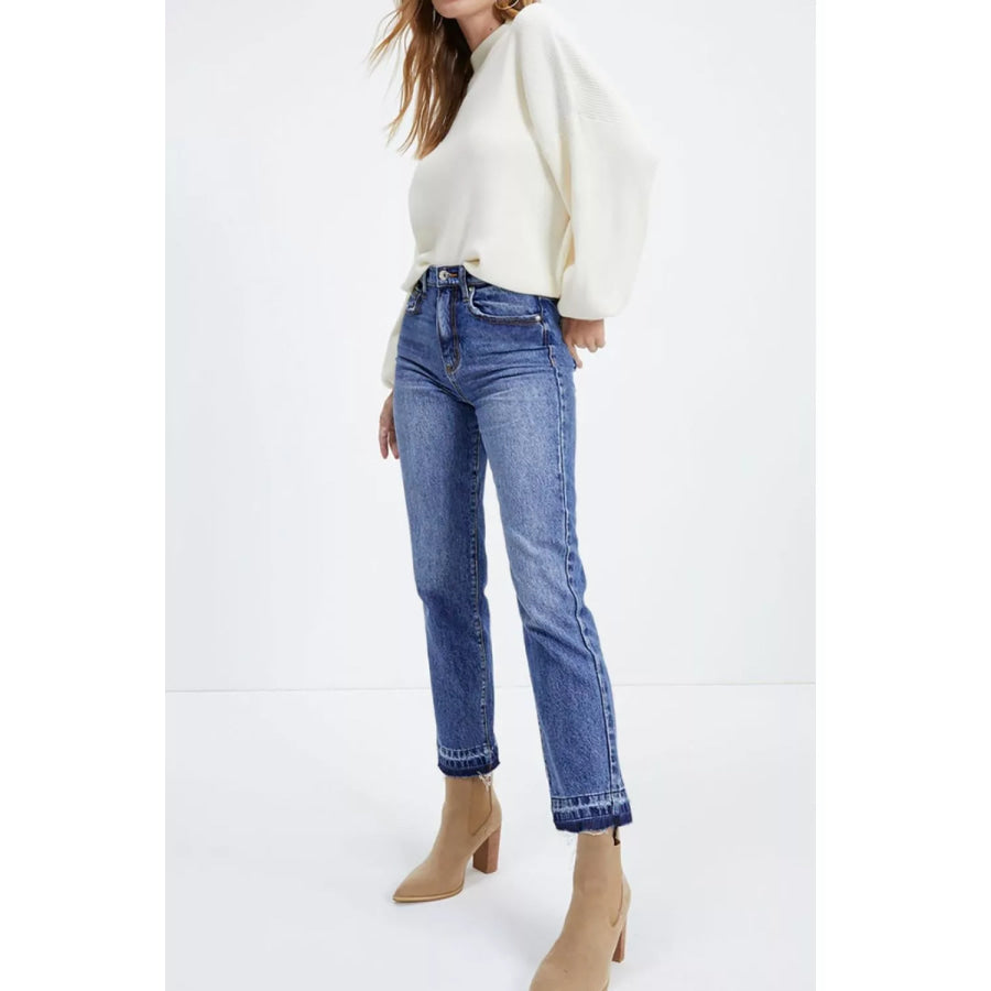 Whiskered Wash Raw Hem Cropped Jeans Apparel and Accessories