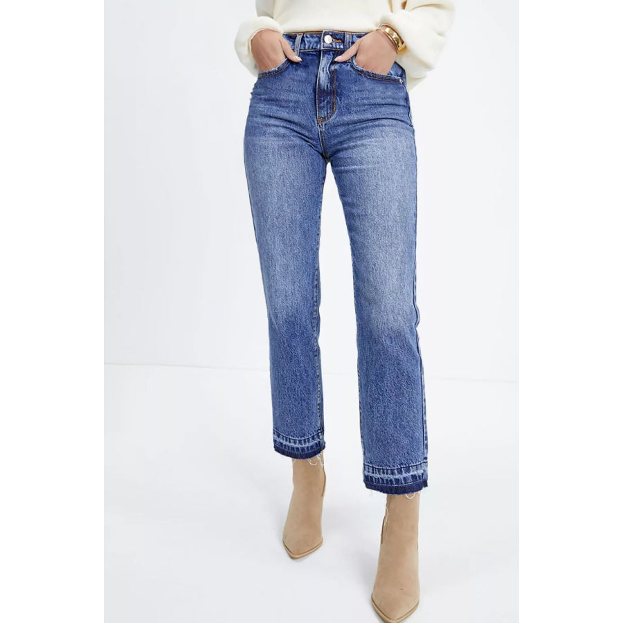 Whiskered Wash Raw Hem Cropped Jeans Dusty Blue / 4 Apparel and Accessories