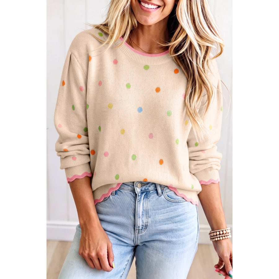 White 100% Cotton Round Neck Polka Dot Long Sleeve Casual Shift Sweater / S / 100% Cotton Sweaters & Cardigans/Sweaters