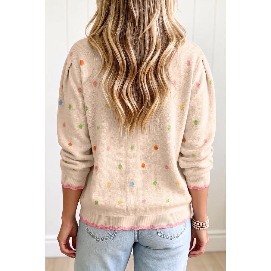 White 100% Cotton Round Neck Polka Dot Long Sleeve Casual Shift Sweater / S / 100% Cotton Sweaters & Cardigans/Sweaters