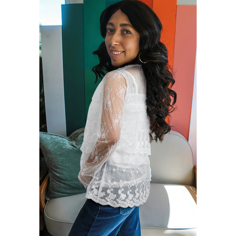 White 2pcs Sheer Floral Lace Ruffle Tiered Patchwork Blouse White / S / 90% Polyamide + 10% Elastane Tops/Blouses & Shirts