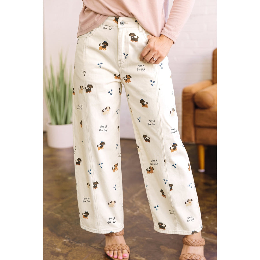White Abstract Dog Print Wide Leg Full-Length Jeans White / 4 / 98% Cotton + 2% Elastane Bottoms/Jeans