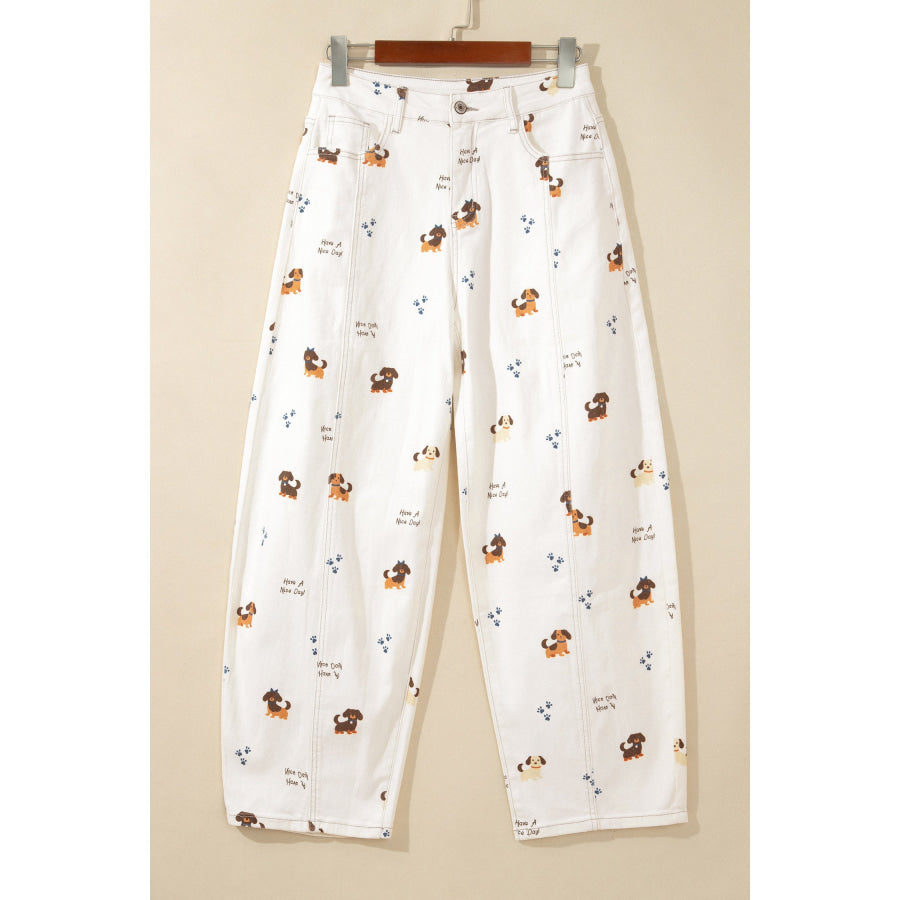 White Abstract Dog Print Wide Leg Full-Length Jeans Bottoms/Jeans