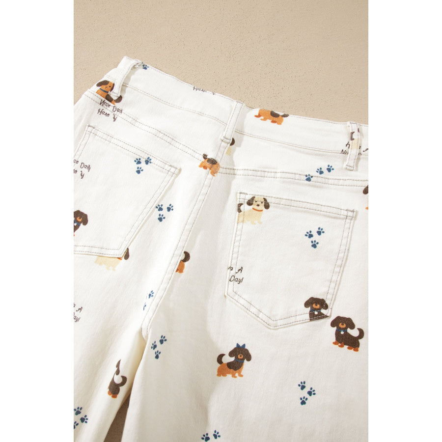 White Abstract Dog Print Wide Leg Full-Length Jeans Bottoms/Jeans