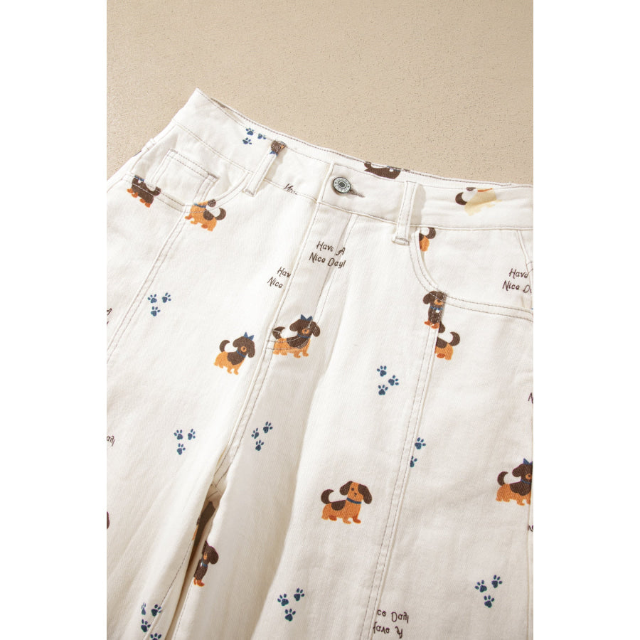 White Abstract Dog Print Wide Leg Full-Length Jeans Bottoms/Jeans