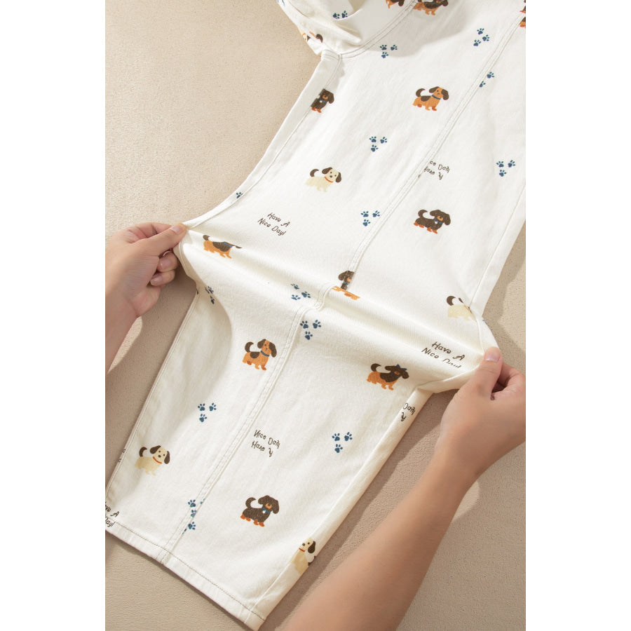 White Abstract Dog Print Wide Leg Full-Length Jeans Bottoms/Jeans