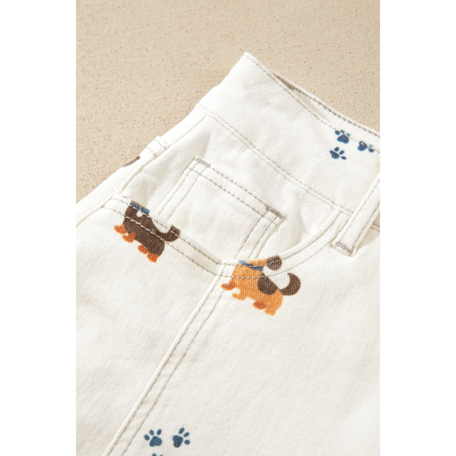 White Abstract Dog Print Wide Leg Full-Length Jeans Bottoms/Jeans