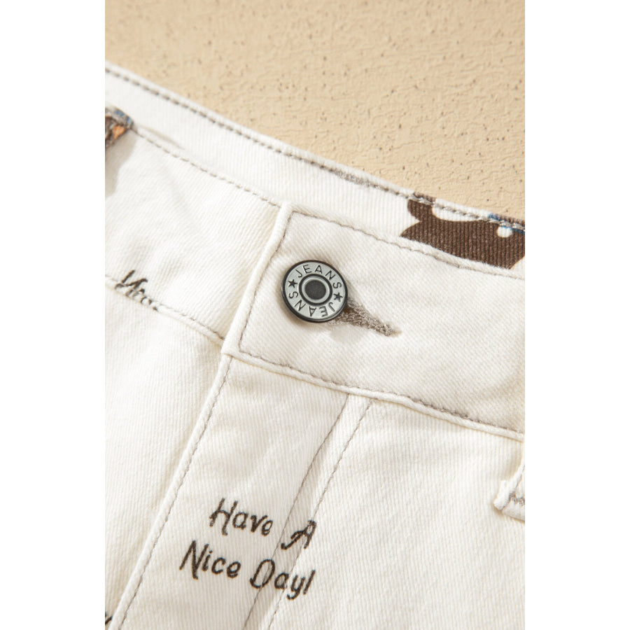 White Abstract Dog Print Wide Leg Full-Length Jeans Bottoms/Jeans