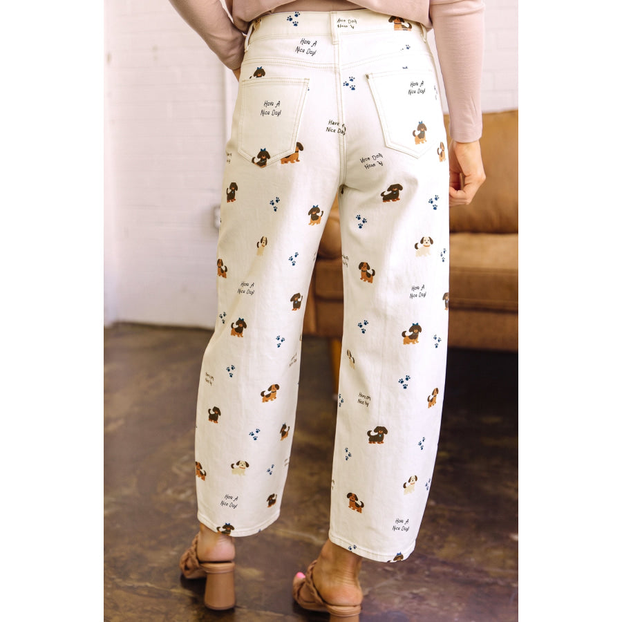 White Abstract Dog Print Wide Leg Full-Length Jeans Bottoms/Jeans