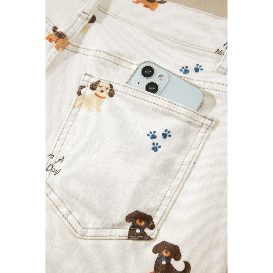 White Abstract Dog Print Wide Leg Full-Length Jeans Bottoms/Jeans