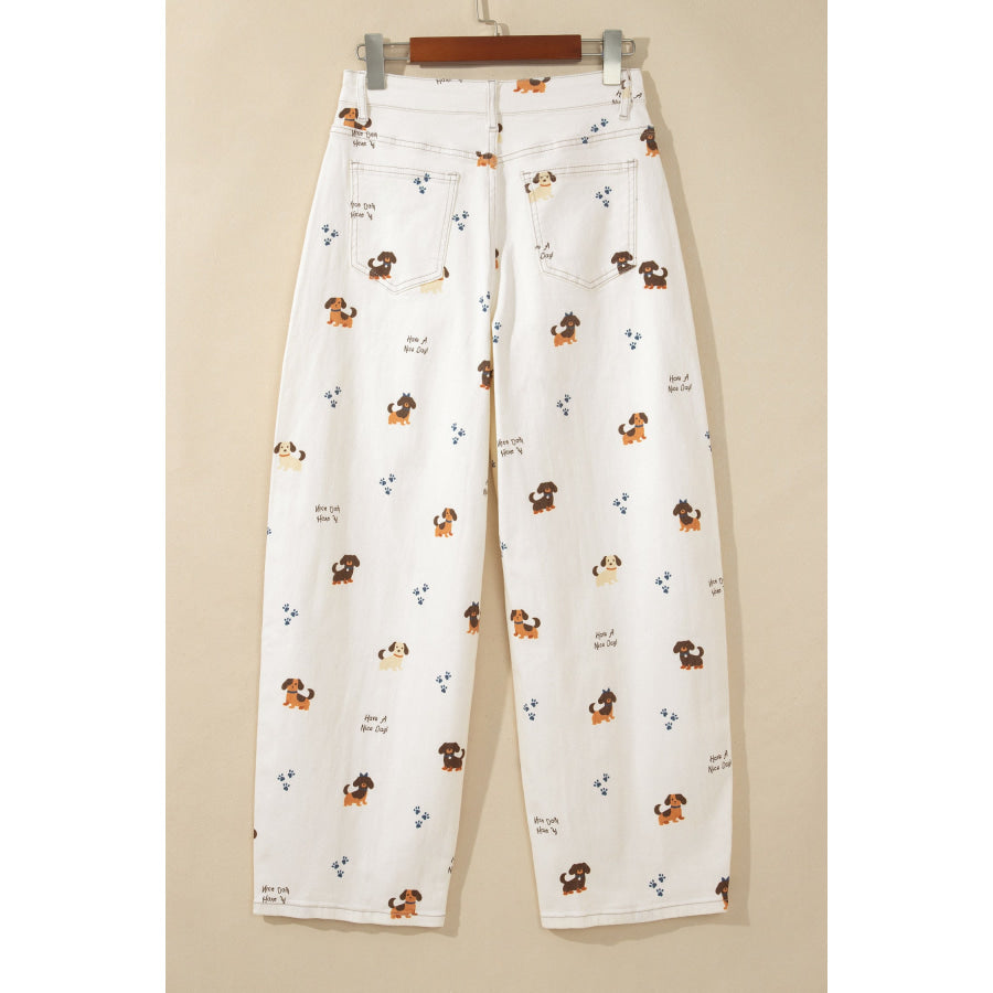 White Abstract Dog Print Wide Leg Full-Length Jeans Bottoms/Jeans